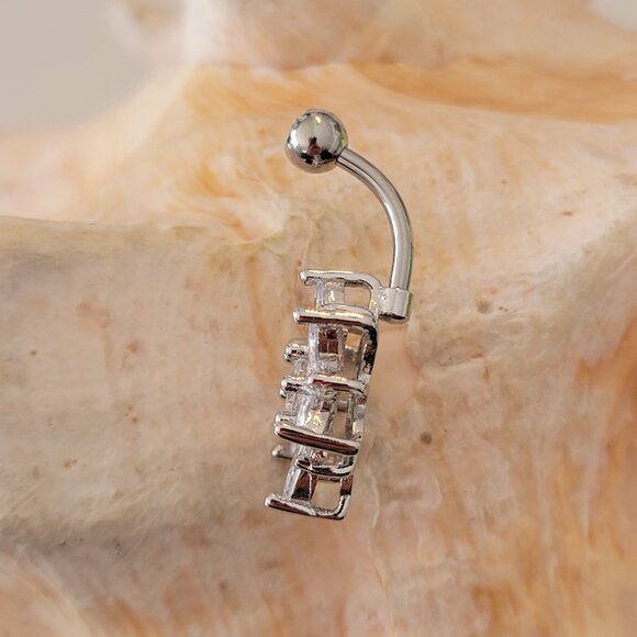 14G Flower snowflake clear gem belly ring stainless steel - Picture 5 of 7